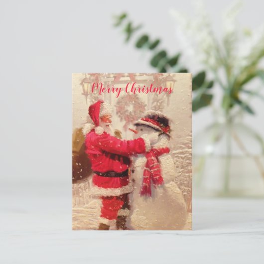 Santa en Snowman Briefkaart (Staand voorkant)