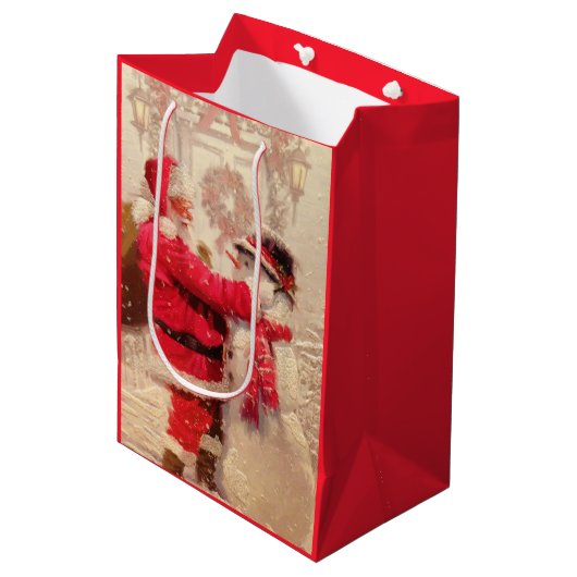 Santa en Snowman Medium Cadeauzakje (Voorkant Gekanteld)