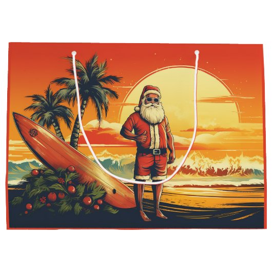 Santa en Surfboard Retro Surfing Beach Kerstmis Groot Cadeauzakje (Achterkant)