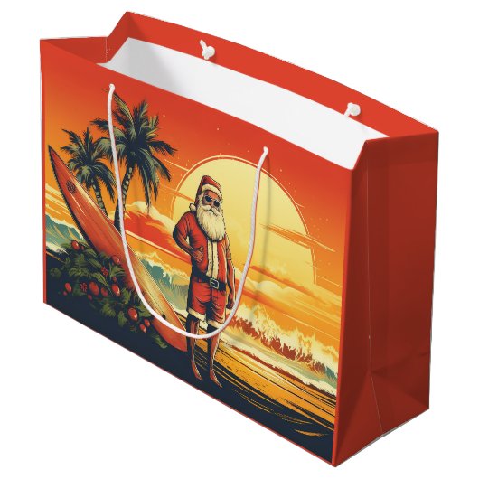 Santa en Surfboard Retro Surfing Beach Kerstmis Groot Cadeauzakje (Achterkant Gekanteld)