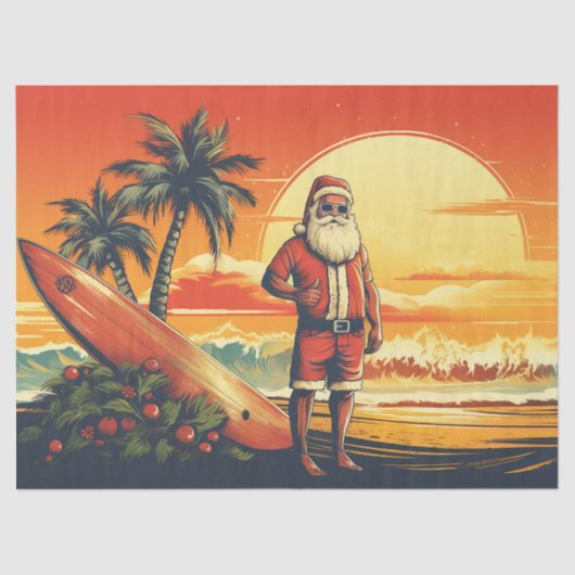 Santa en Surfboard Retro Surfing Beach Kerstmis Tissuepapier (Voorkant)