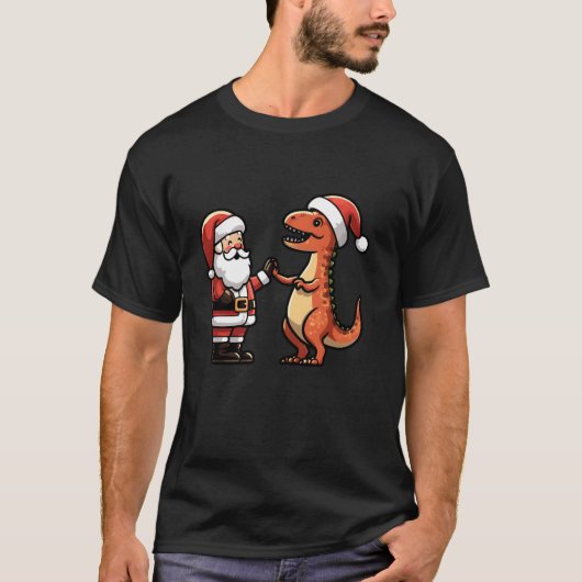 Santa en T Rex Dinosaur High Fiving Funny Kerstmis T-shirt (Voorkant)