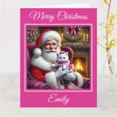 Santa en witte kitten met roze strik kaart (Gele Bloem)