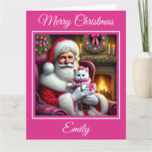 Santa en witte kitten met roze strik kaart (Voorkant)