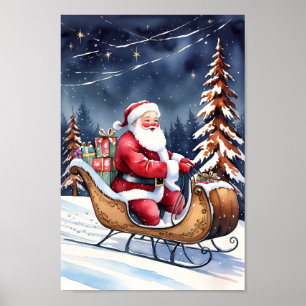 Santa en zijn besneeuwde slee klassieke kunst poster