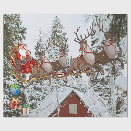 Santa en zijn rendier Vliegende kerstavond groot Cadeaupapier (Vlak)