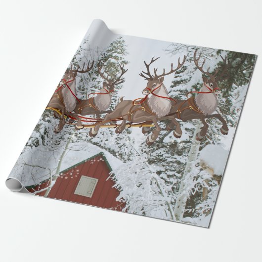 Santa en zijn rendier Vliegende kerstavond groot Cadeaupapier (Uitgerold)