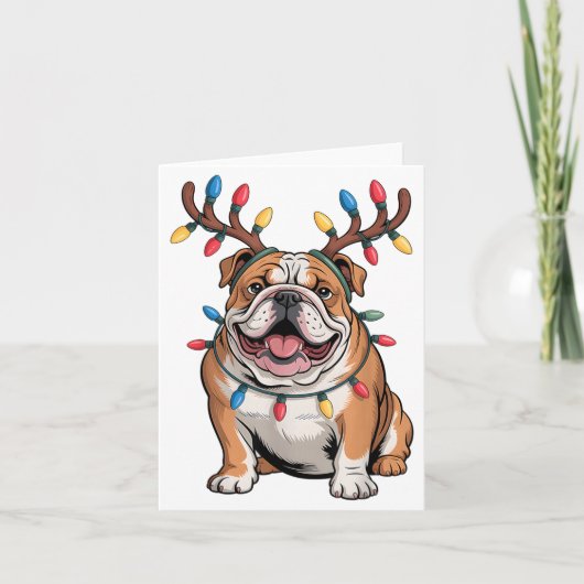 Santa English Bulldog Reindeer Light Christmas  Kaart (Voorkant)