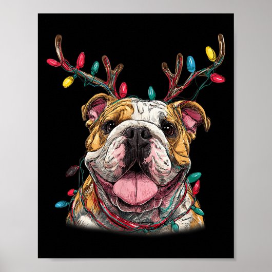 Santa English Bulldog Reindeer Light Christmas Poster (Voorkant)