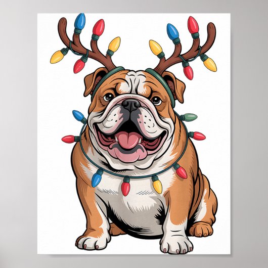 Santa English Bulldog Reindeer Light Christmas  Poster (Voorkant)