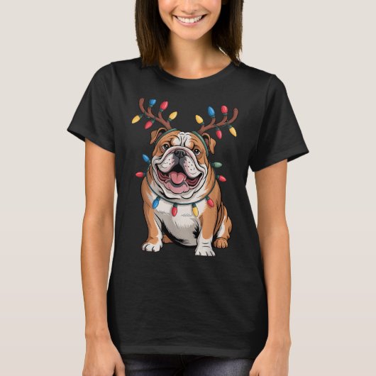 Santa English Bulldog Reindeer Light Christmas  T-shirt (Voorkant)