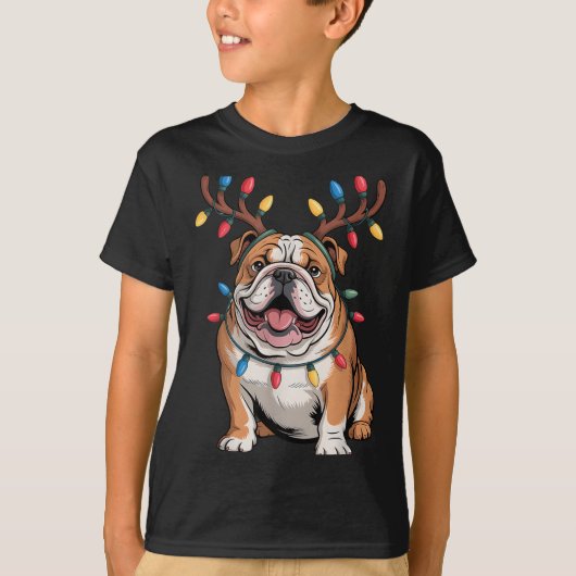 Santa English Bulldog Reindeer Light Christmas  T-shirt (Voorkant)