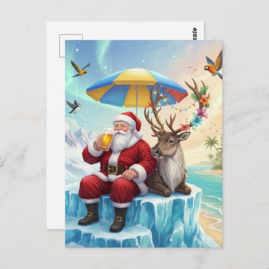 Santa Enjoys a Beer On an Iceberg Vacation Briefkaart (Voorkant / Achterkant)