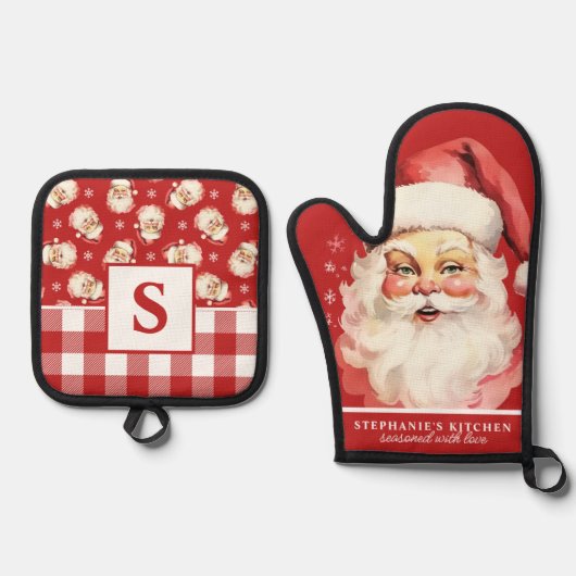  Santa Face Red Gingham Monogrammed Ovenwant & Pannenlap Set (Voorkant)