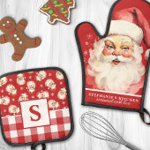  Santa Face Red Gingham Monogrammed Ovenwant & Pannenlap Set