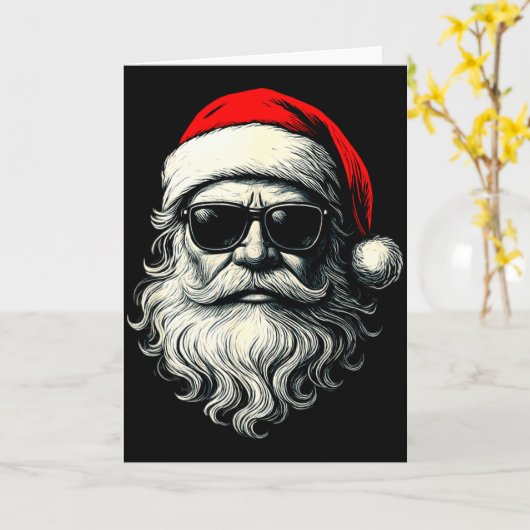 Santa Face Retro Sungles Funny Christmas Pajama Me Kaart (Gele Bloem)