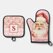  Santa Face Roze Gingham Monogrammed Ovenwant & Pannenlap Set (Voorkant)