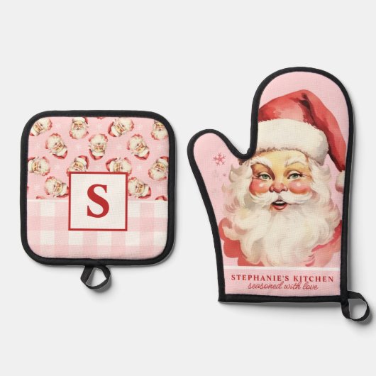  Santa Face Roze Gingham Monogrammed Ovenwant & Pannenlap Set (Voorkant)