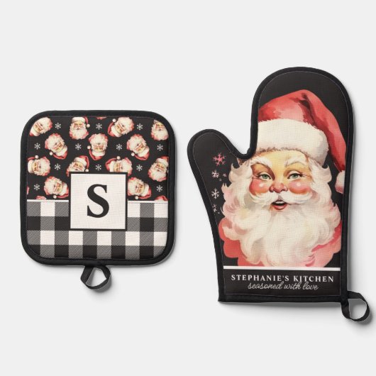  Santa Face Zwart Gingham Monogrammed Ovenwant & Pannenlap Set (Voorkant)