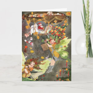 SANTA & FAIRIES Air Ship Blimp Vintage Kerstmis Feestdagen Kaart