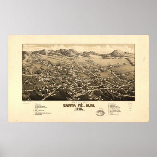 Santa Fe New Mexico 1882 Antiek Panorama Poster (Voorkant)