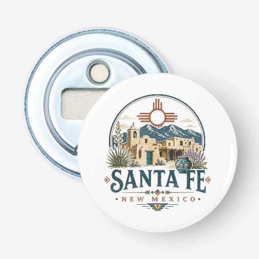 Santa Fe New Mexico Adobe-architectuur Zuidwesten Button Flesopener (Voorkant)