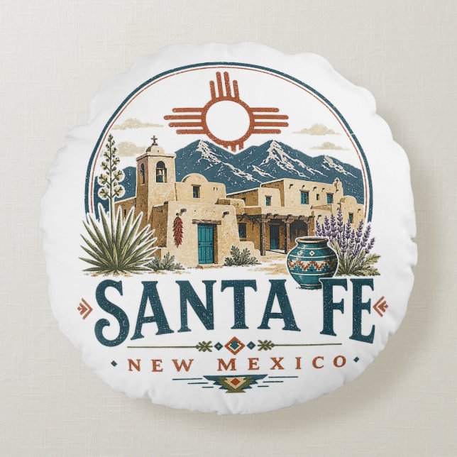 Santa Fe New Mexico Adobe-architectuur Zuidwesten Rond Kussen (Voorkant)