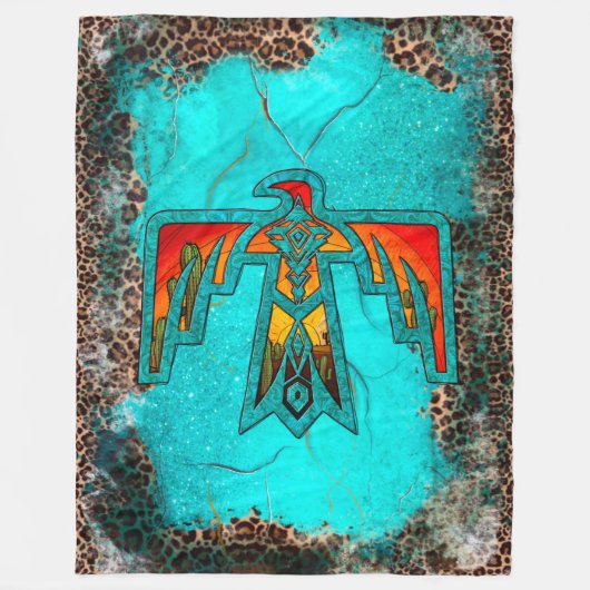 Santa Fe Thunderbird Turquoise Marble Leopard Fleece Deken (Voorkant)