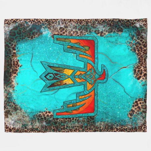 Santa Fe Thunderbird Turquoise Marble Leopard Fleece Deken (Voorkant (Horizontaal))