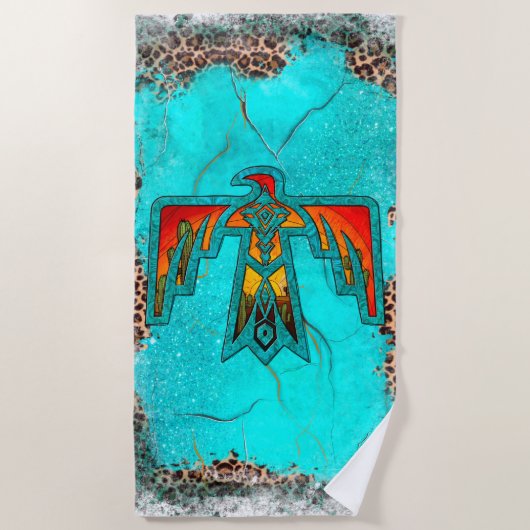 Santa Fe Thunderbird Turquoise Marble Leopard Strandlaken (Voorkant)