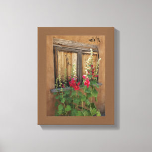 Santa Fe Venster met Rode Holly Hocks Verpakt Canvas Afdruk