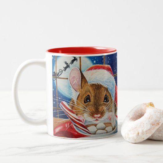 Santa Field-muis met hot-cacaoWaterverf Tweekleurige Koffiemok (Met donut)
