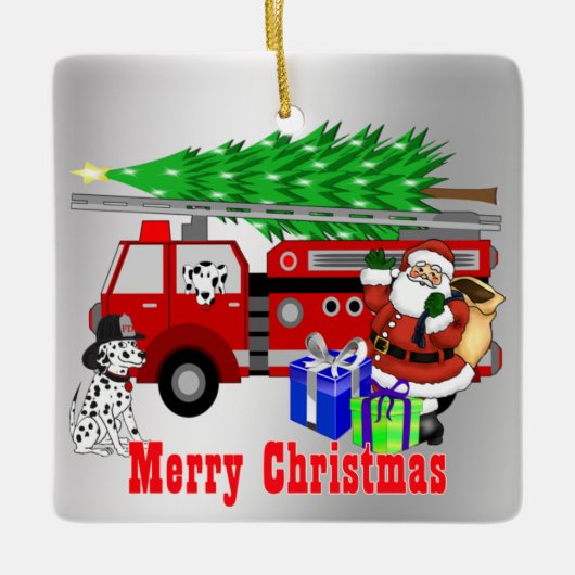 Santa Fire Truck en Dogs Kerstmis Keramisch Ornament (Voorkant)