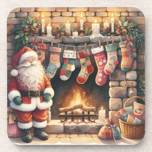 Santa Fireplace beroemd gemaakt door Christmas Sto Bier Onderzetter (Voorkant)