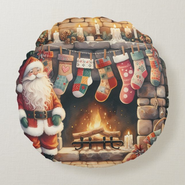Santa Fireplace beroemd gemaakt door Christmas Sto Rond Kussen (Voorkant)
