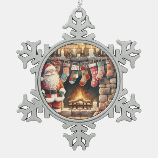 Santa Fireplace beroemd gemaakt door Christmas Sto Tin Sneeuwvlok Ornament (Voorkant)