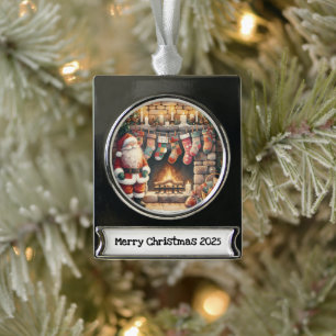 Santa Fireplace beroemd gemaakt door Christmas Sto Verzilverd Banner Ornament