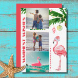 Santa Flamingo 3 PHOTO Tropical Beach Kerstmis Feestdagenkaart<br><div class="desc">Dit tropische strand met de naam Warmest Wwish wenskaart met kerstmis is voorzien van een roze waterverf flamingo met een kersthoed en lange gestreepte sokken die onder een palmboom staan met ornamenten en snaarlampen. Personaliseer met drie foto's, uw handtekening of om het even welke groet die u wenst toe te...</div>