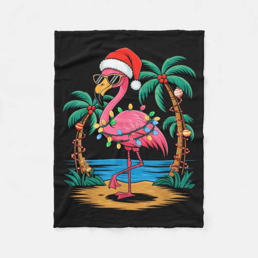 Santa Flamingo Christmas Lights Trocal Palms Tree  Fleece Deken (Voorkant)