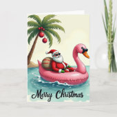 Santa Flamingo Float Merry Christmas Tropical Kaart (Voorkant)
