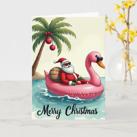 Santa Flamingo Float Merry Christmas Tropical Kaart (Gele Bloem)