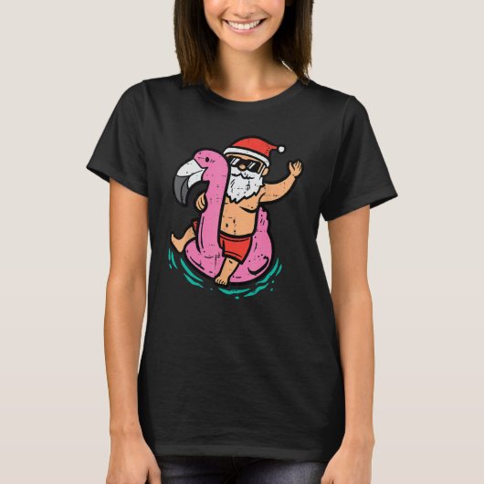 Santa Flamingo Floatie Funny Kerstmis in juli sum T-shirt (Voorkant)