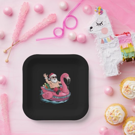 Santa Flamingo Floatie Kerstmis in juli Zomer Papieren Bordje (Feest)