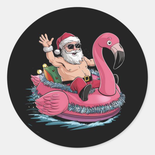 Santa Flamingo Floatie Kerstmis in juli Zomer Ronde Sticker (Voorkant)