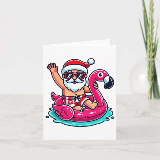 Santa Flamingo Floatie Strand Grappig Kerstfeest i Kaart (Voorkant)