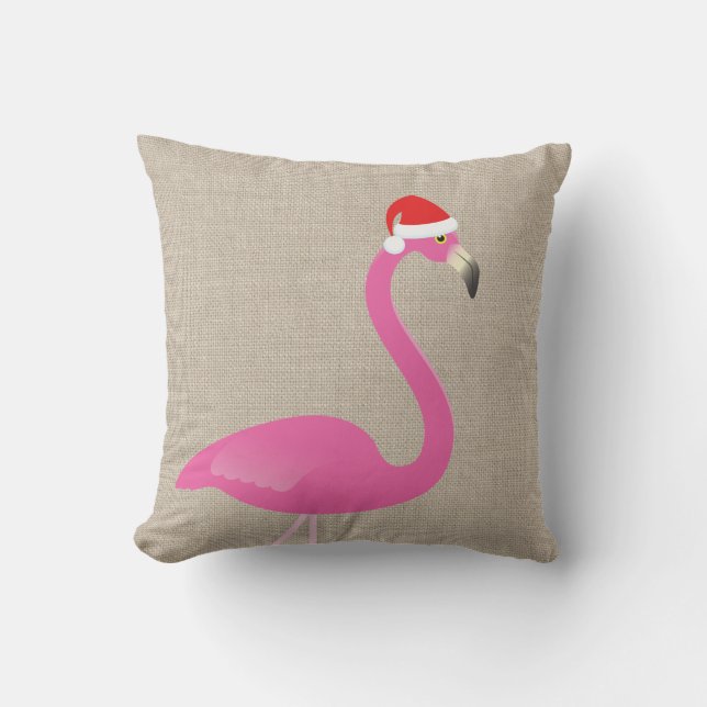 Santa Flamingo op Burlap Linen Outdoor Pillow Buitenkussen (Voorkant)