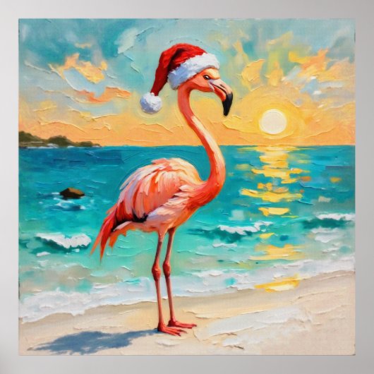 Santa Flamingo op het strand Poster (Voorkant)