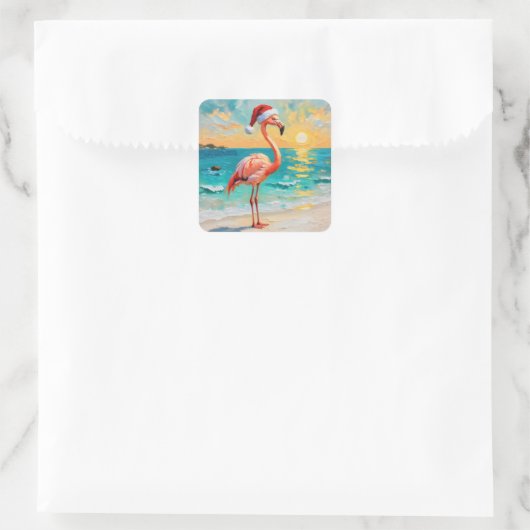 Santa Flamingo op het strand Vierkante Sticker (Tas)