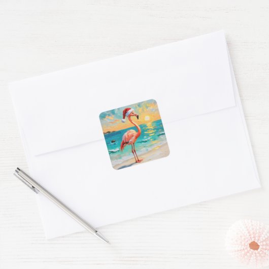 Santa Flamingo op het strand Vierkante Sticker (Envelop)