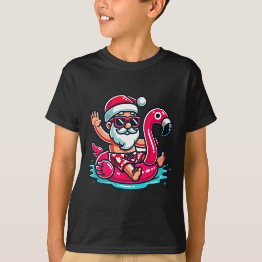 Santa Flamingo Opblaasbaar Strand Grappige Kerstmi T-shirt (Voorkant)